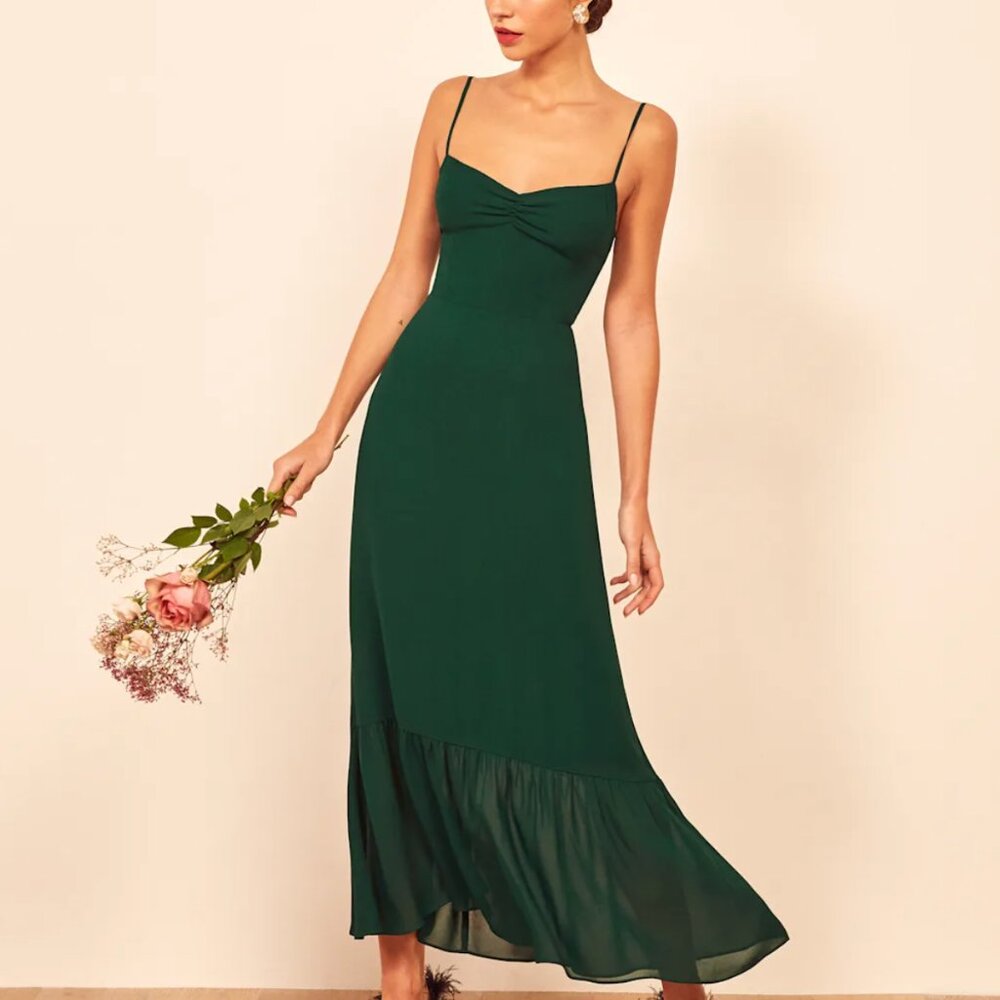 Reformation US Size 6 Emersyn Floral Ruffle Hem Maxi Dress - Emerald Green